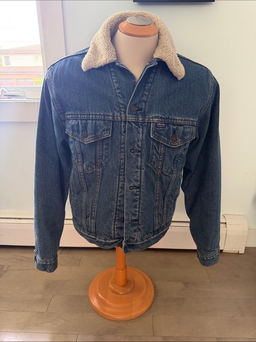 Signature by Levi Strauss Blue Denim Jacket with Cream Sherpa Collar and lining